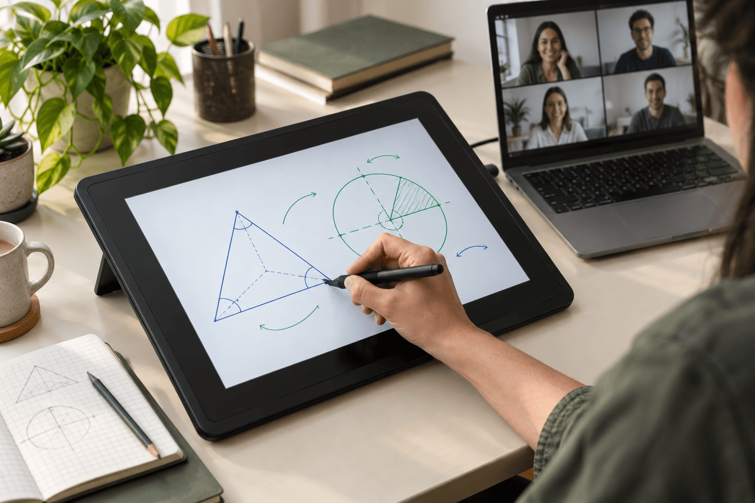 Ekranlı tablette geometrik şekillerle uzaktan ders anlatımı